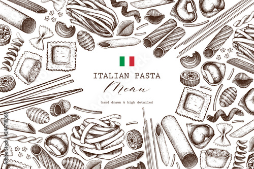 Vector background with traditional Italian pasta isolated on white. Hand drawn food sketches.  Vintage illustration for cafe or restaurant menu design. 