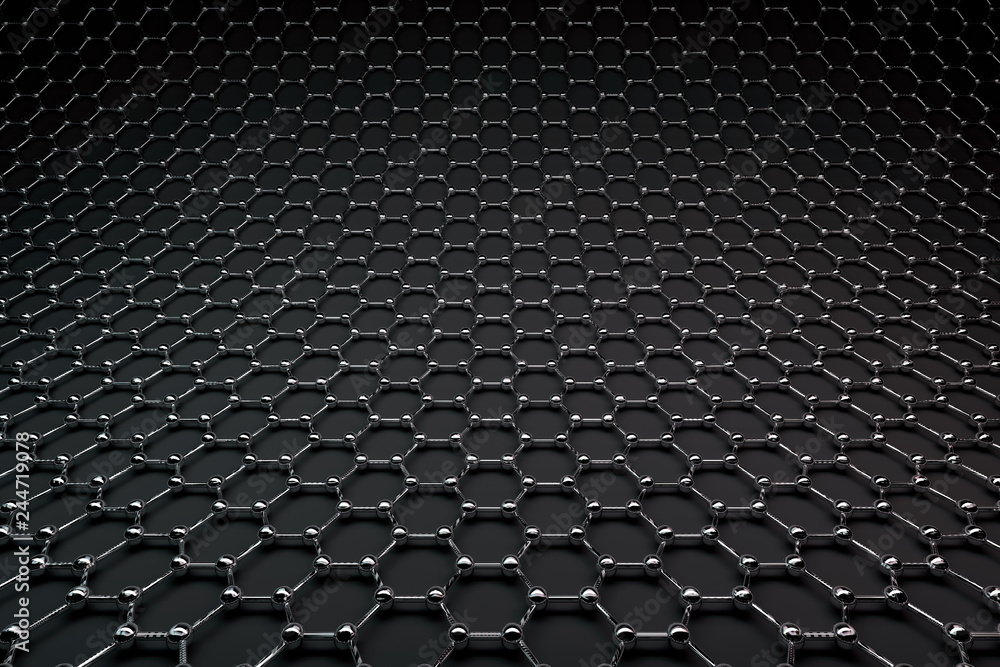 Obraz premium 3D rendering of graphene surface, glossy carbon atoms and black bonds
