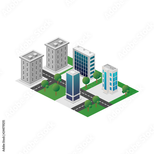 Megapolis 3d isometric three-dimensional view of the city. Collection of houses, skyscrapers, buildings, built and supermarkets with streets and traffic © gunayaliyeva