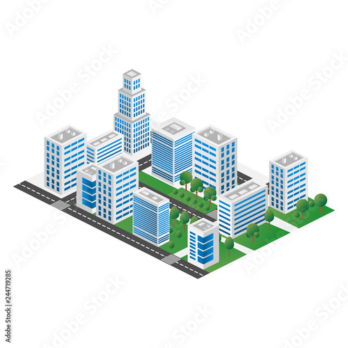 Megapolis 3d isometric three-dimensional view of the city. Collection of houses  skyscrapers  buildings  built and supermarkets with streets and traffic