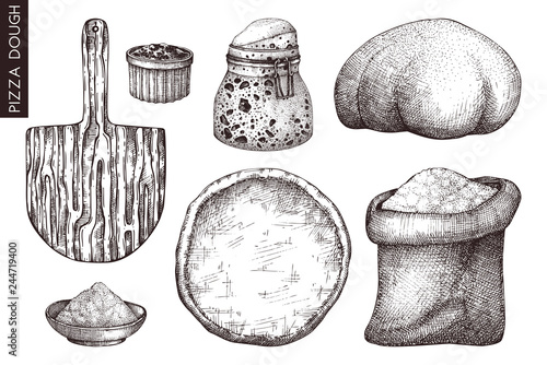 Vector collection of pizza dough ingredients. Bakery or pizzeria hand drawn elements. Vintage food drawings on white background. Bakery illustration collection.