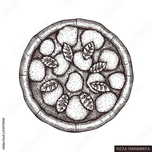 Pizza Margherita hand drawn sketch. Vector food drawing. Engraving style Pizza with spicy salami. Italian kitchen illustration.