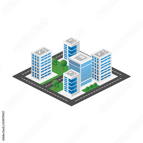 Megapolis 3d isometric three-dimensional view of the city. Collection of houses, skyscrapers, buildings, built and supermarkets with streets and traffic