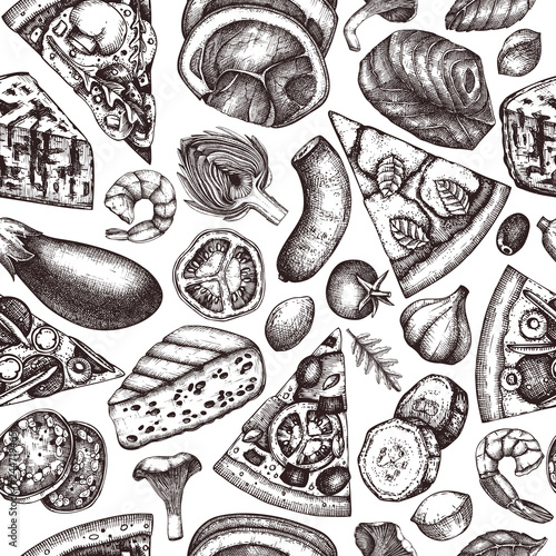 Seamless pattern with hand drawn Pizza ingredients sketches. Vector Italian food drawing. Engraving style Fast food background with meat, cheese, seafood, vegetables and spices.
