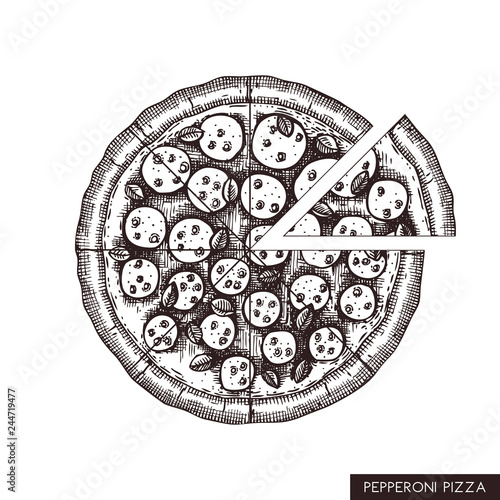Pepperoni pizza hand drawn sketch. Vector food drawing. Cutted pieces of pizza with spicy salami. Italian kitchen illustration.