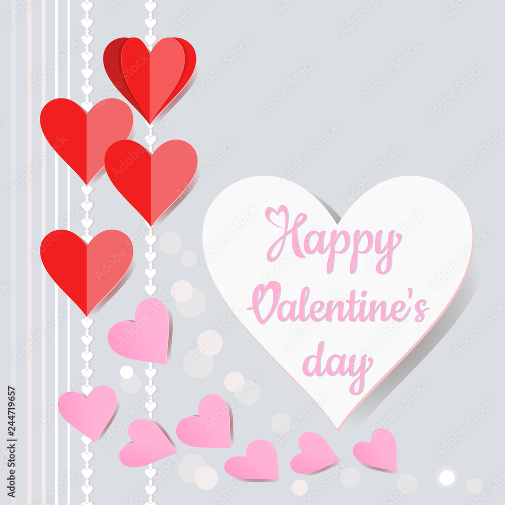 Happy Valentines Day Card with heart shape paper cut vector design.