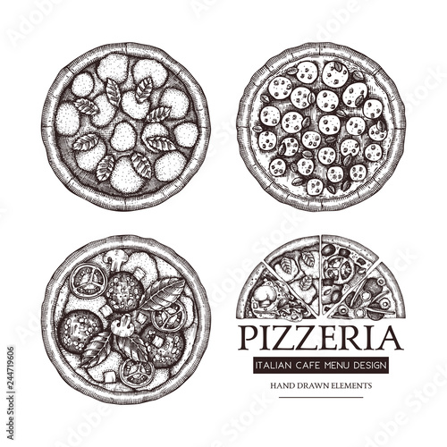 Vector collection of hand drawn Pizza 
with slice sketches. Vector Italian food drawing. Engraving style Fast food illustrations for cafe or pizzeria menu design. 

