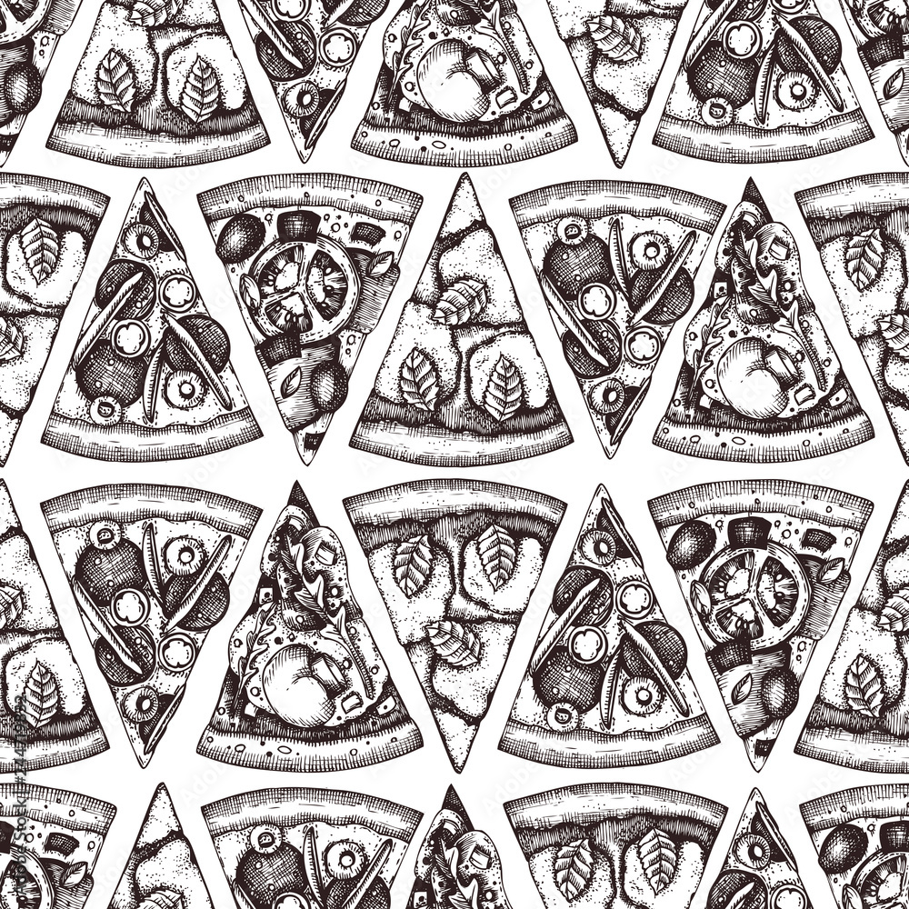 Seamless pattern with hand drawn Pizza sketches. Vector Italian food drawing. Engraving style Fast food background for cafe or pizzeria menu design.
