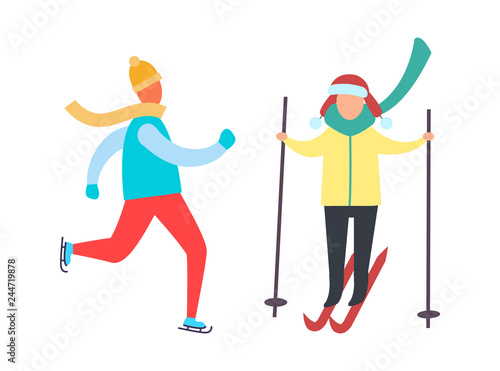 Child Skiing with Sticks in Hands, Winter Skating