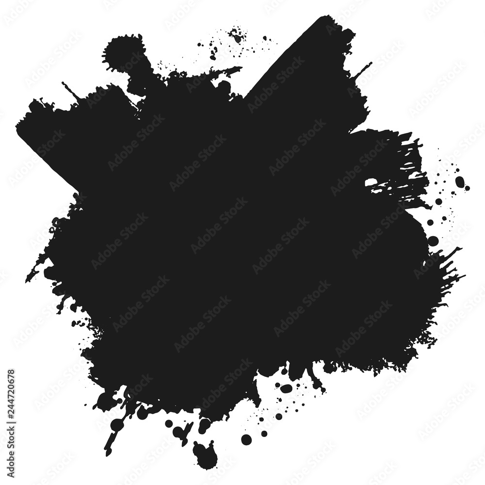 Black monochrome ink or paint blots grunge background. Texture Vector. Dust overlay distress grain. Black splatter, dirty, poster for your design. Isolated on white background. Vector illustration.