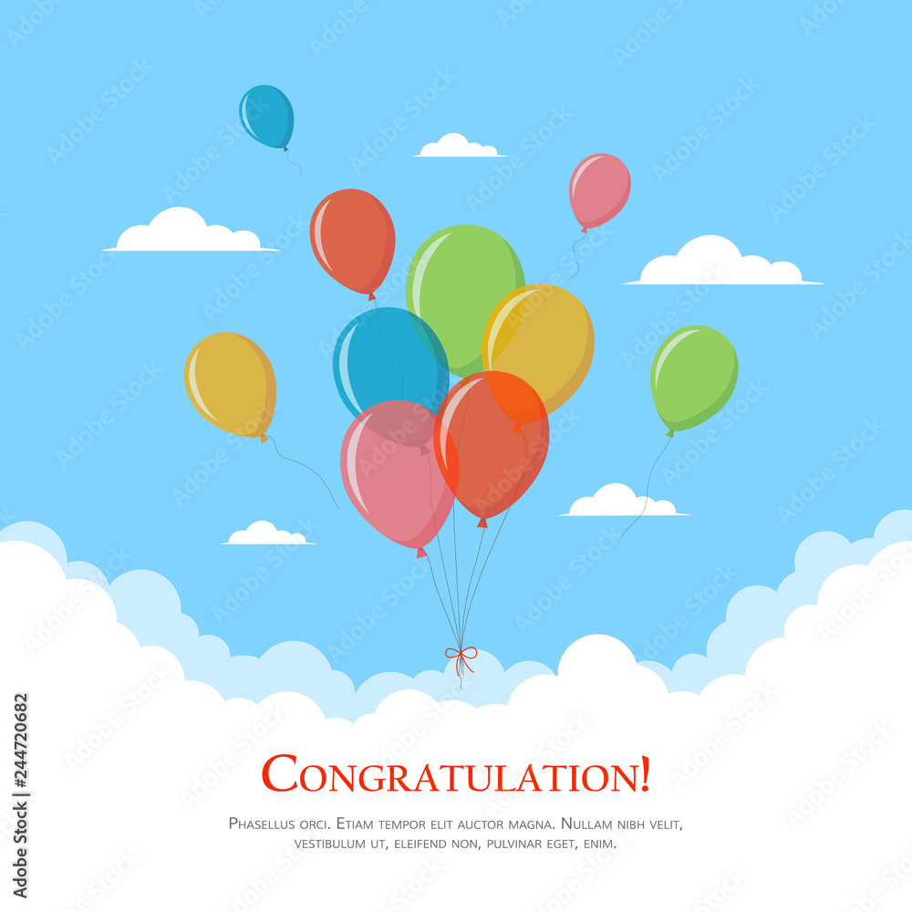 Colorful balloons in the sky. Design template for greeting card, birthday invitation, banner. Congratulations concept. Vector illustration in flat style.