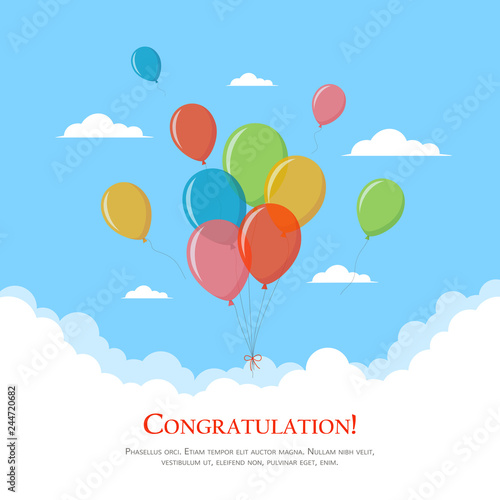 Colorful balloons in the sky. Design template for greeting card, birthday invitation, banner. Congratulations concept. Vector illustration in flat style.