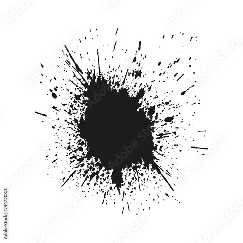 Black monochrome ink or paint blots grunge background. Texture Vector. Dust overlay distress grain. Black splatter, dirty, poster for your design. Isolated on white background. Vector illustration.