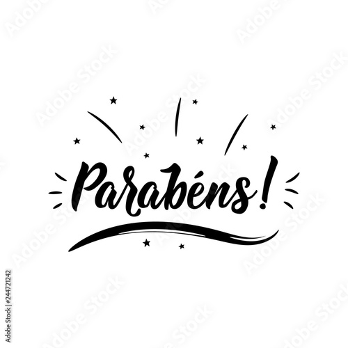 Congratulations in Portuguese. Ink illustration with hand-drawn lettering. Parabens.