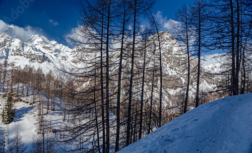 Panoramic view of the sunny snow-covered landscape of the Alpe Devero in Piedmont, Italy.
