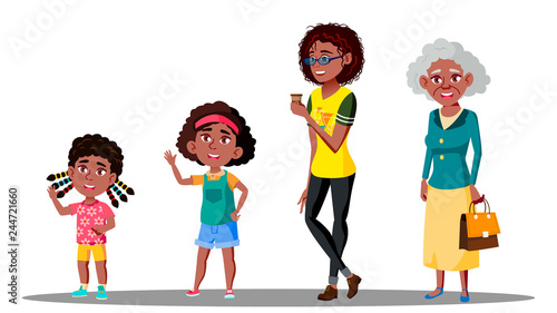 African American Generation Female Set Vector. Grandmother, Mother, Daughter, Granddaughter, Baby. Vector. Isolated Illustration