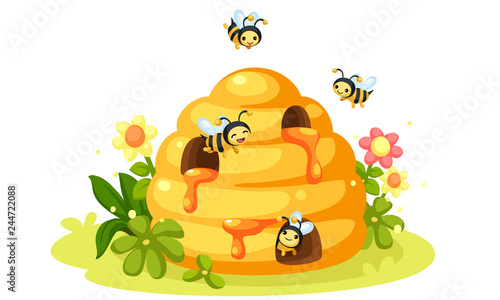 Honey Bee And Bee Hive Cartoon