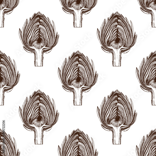 Vector illustrations of artichoke.  Hand drawn vegetable in engraved style. Healthy food seamless pattern. Fresh and organic farm product background.