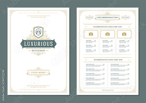 Restaurant menu design and label vector brochure template.