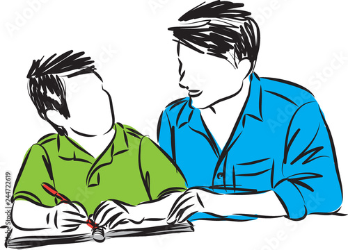 father and son doing homework vector illustration
