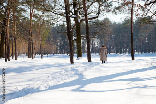 Rear view of woman in warm clothes walking through snowy forest