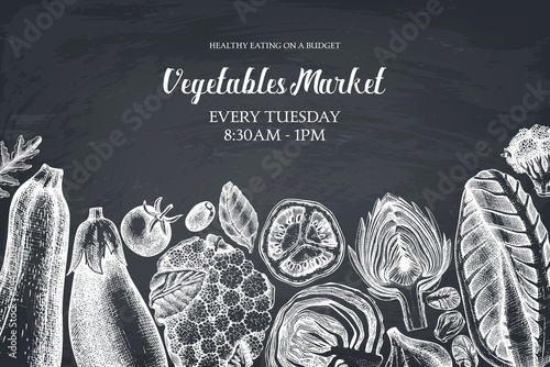 Vegetarian menu top view frame.  Hand drawn vegetables and spices sketches. Organic food illustrations. Fresh farm products vector design on white background.