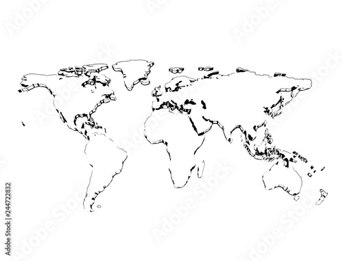 Pencil sketch world map 3d isolated on white background. 3D illustration