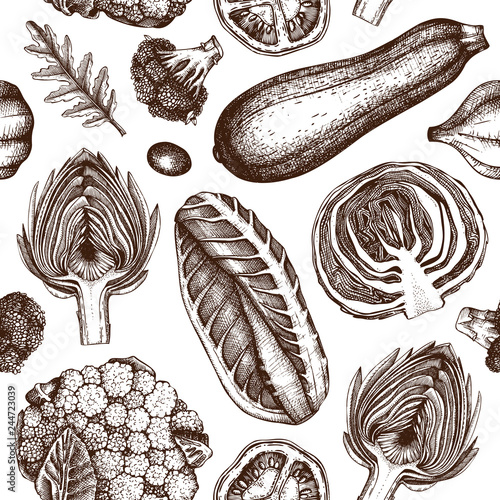 Vector background with hand drawn vegetables and spices sketches. Seamless pattern for fresh market design. Vintage healthy food illustrations isolated on white.