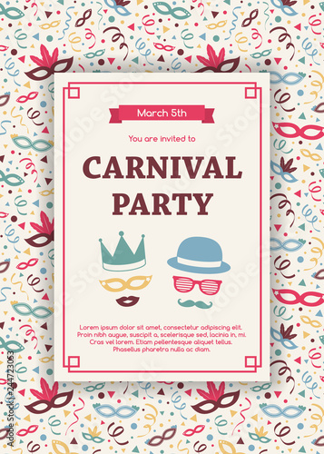 Carnaval Party - funny invitation with colorful background. Vector
