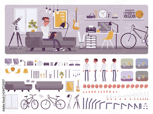 Freelancer boy room interior, home office design creation set