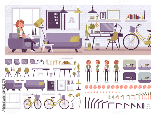 Freelancer girl room interior, home office design creation set