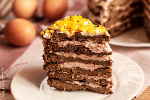 Liver cake with meat and egg, healthy protein food, rustic style.