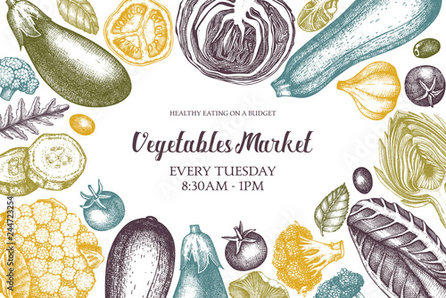 Vegetarian menu top view frame.  Hand drawn vegetables and spices sketches. Organic food illustrations. Fresh farm products vector design on white background.