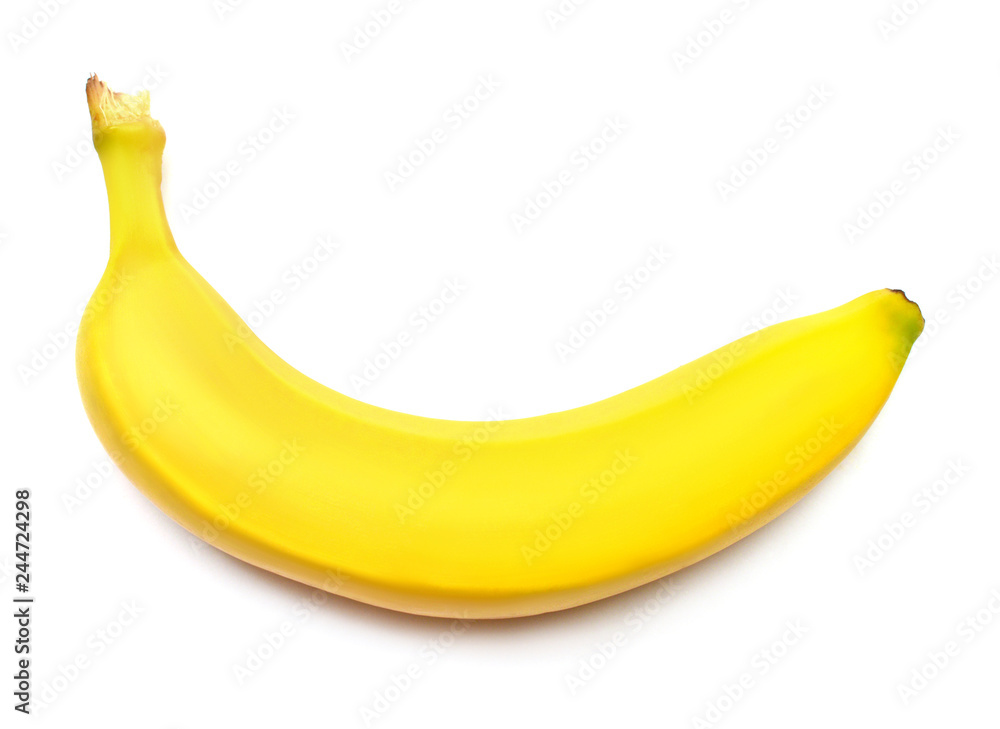 Single banana against white background. Flat lay, top view Single banana against white background. Flat lay, top view