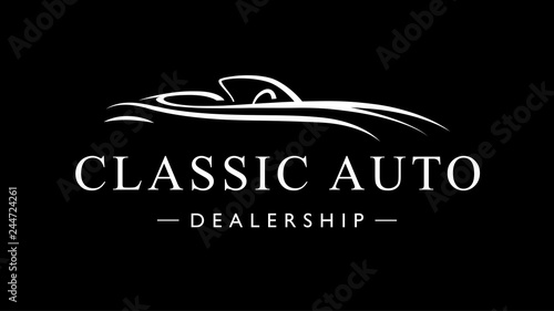 Classic vintage style sports car auto dealership logo icon. Retro style luxury garage vehicle silhouette. Vector illustration.