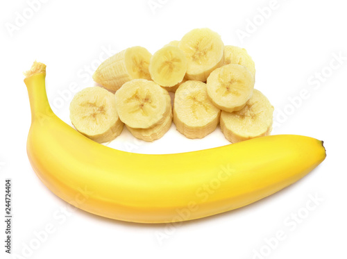 Beautiful banana and rings cut isolated on white background. Pieces, tropical fruit. Sliced. Flat lay, top view