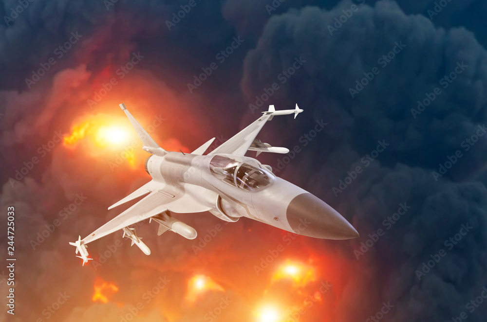 Military jet fighter aircraft flying backdrop of a powerful explosion. War strike concept.