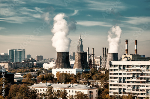power station with cooling towers. Cityscape