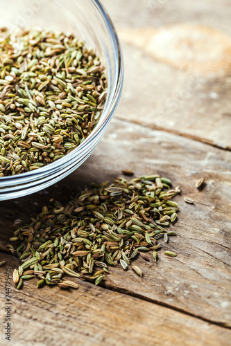 Closeup of fennel seeds in a glass bowl 