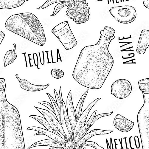 Seamless pattern of bottle, glass tequila, salt, cactus and lime