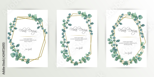 Frame on flower background. Wedding Invitation, modern card Design. geometric golden frame print. eps 10.