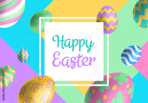 happy easter banner design with eggs and colorful geometric shapes
