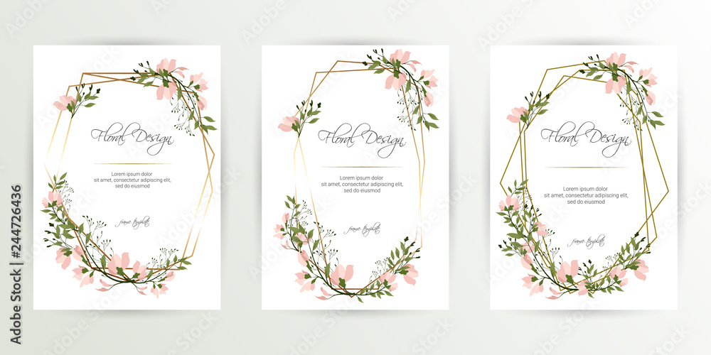 Frame on flower background. Wedding Invitation, modern card Design. geometric golden frame print. eps 10. Frame on flower background. Wedding Invitation, modern card Design. geometric golden frame print. eps 10.
