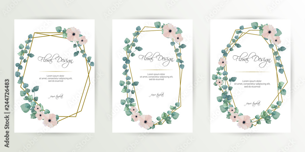 Frame on flower background. Wedding Invitation, modern card Design. geometric golden frame print. eps 10.