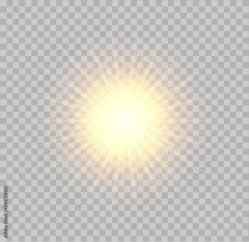 Vector realistic sun with shining rays on transparent background. yellow glowing sun.
