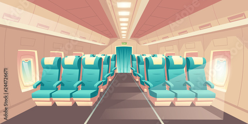 Vector illustration with a cabin of a plane, econom class seats with blue chairs. Bright salon with an aisle in aircraft, empty cozy places. Comfortable armchairs for journey, jet trip.