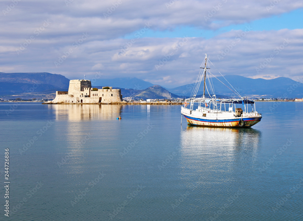 landscape of the water castle of Bourtzi - a Venetian castle in the middle of the harbour of Nafplio Argolis Greece