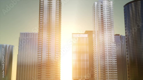 Business skyscrapers at sunset reflected in windows, Bangkok, Thailand. Vintage filtered.