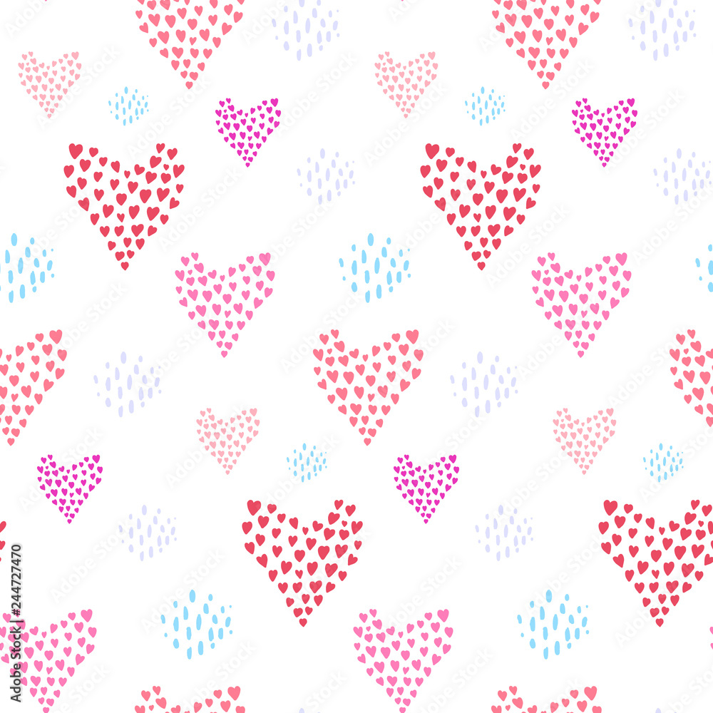 Cute seamless pattern with pink hearts and blue dotted elements on white background. Lovely vector texture with tender doodle heart shapes for St. Valentines wrapping paper design, surface, textile