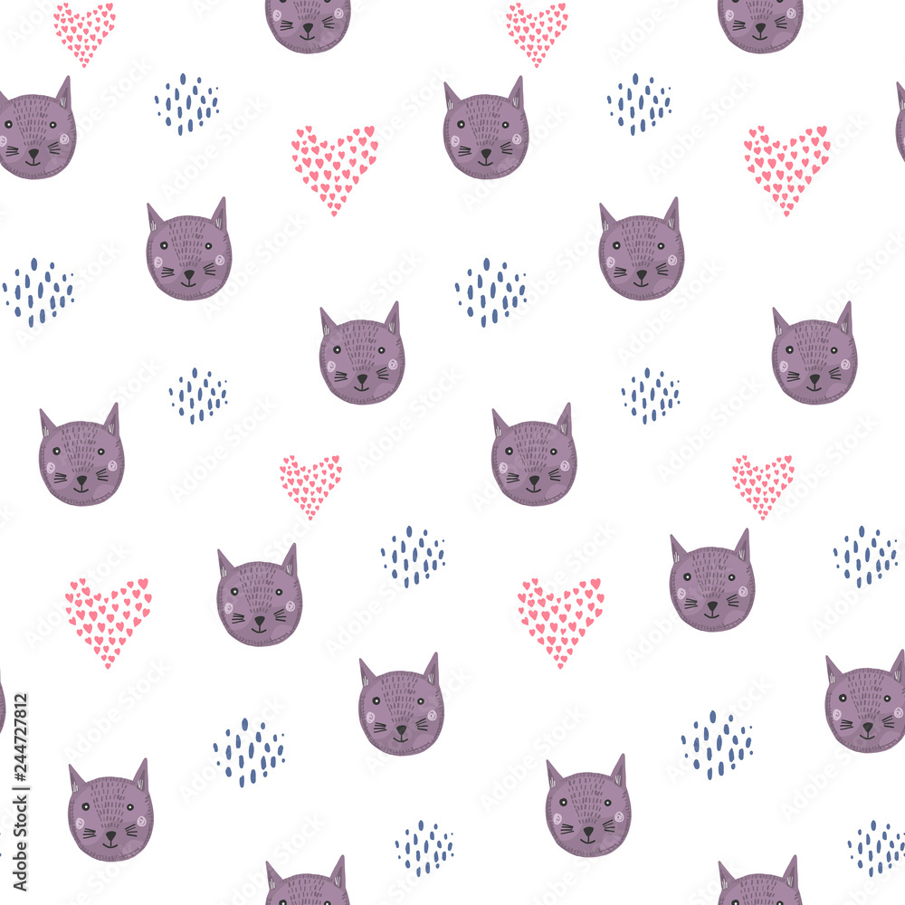 Cute cartoon seamless pattern with purple cat heads, pink hearts and dark dots on white background. Lovely hand drawn violet kittens texture for kids design, textile, Valentines wrapping paper